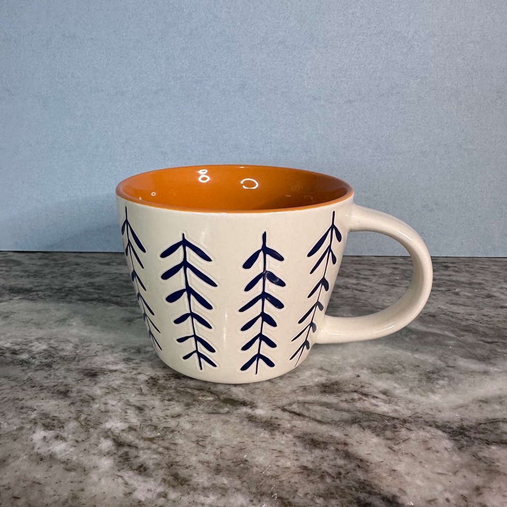 Opalhouse Stoneware‎ Coffee Mug Cream Navy Blue Leaf Branch Orange Interior - Picture 2 of 6